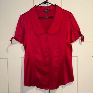 bebe Red Stretch Silk Satin Blouse with Peter Pan Collar